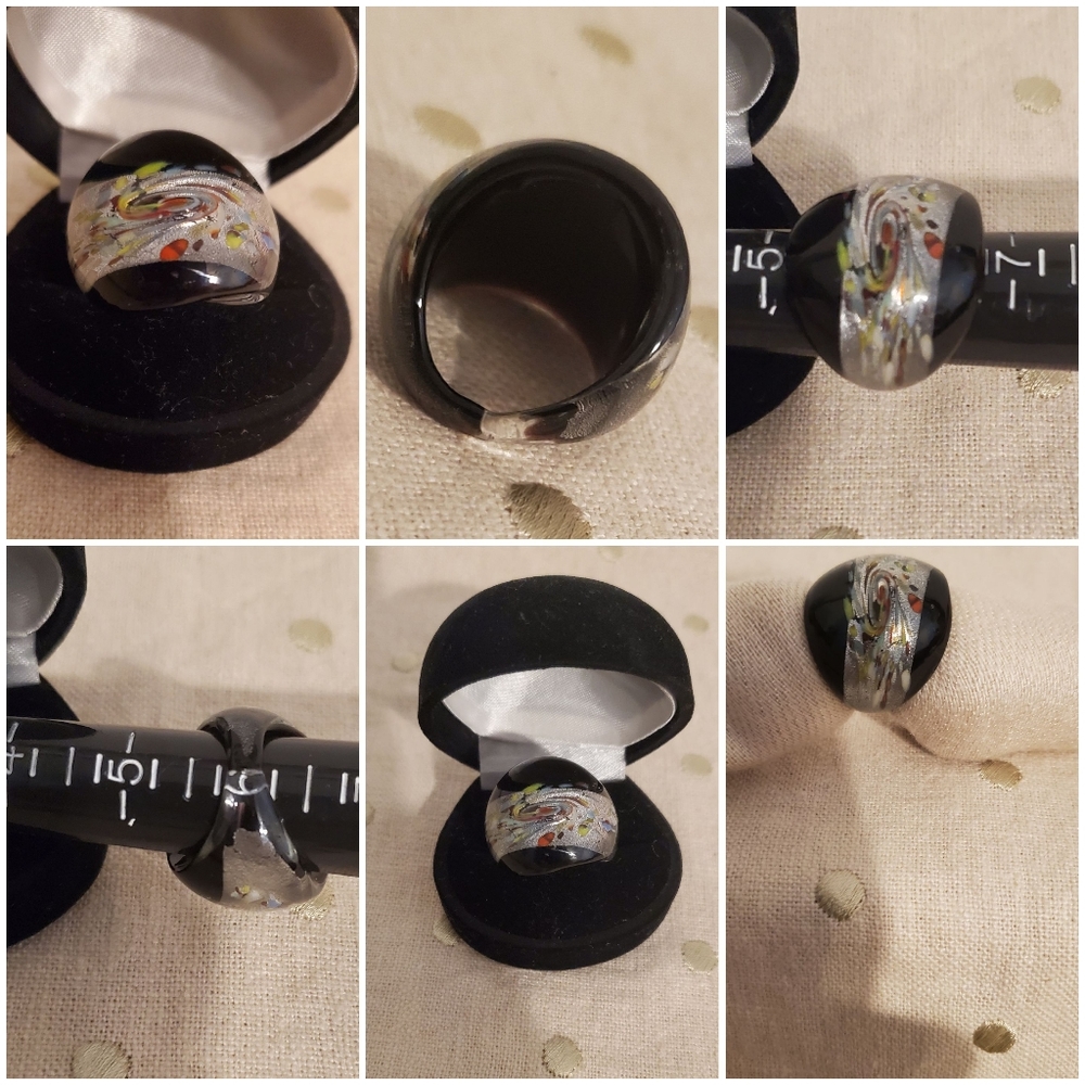 Vintage Glass Jewelry Blown Dome/ Band Black Ring- Size 6